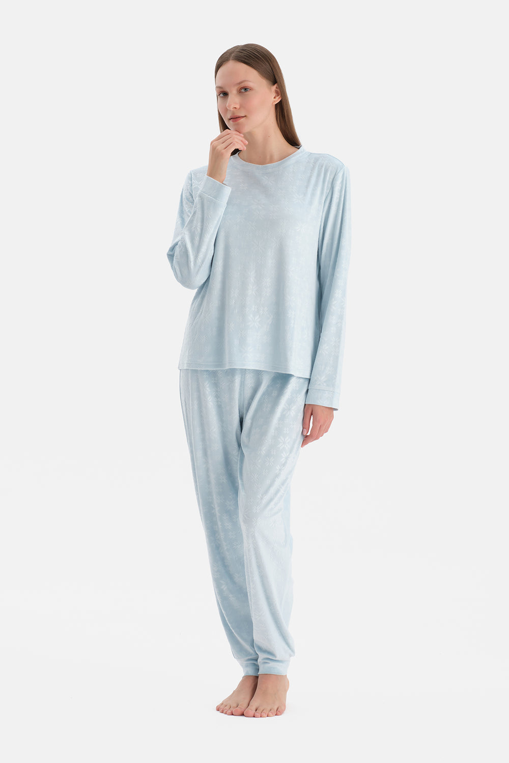 Turkuaz Gofre Kar Baskılı Tişört Pantolon Pijama Takımı