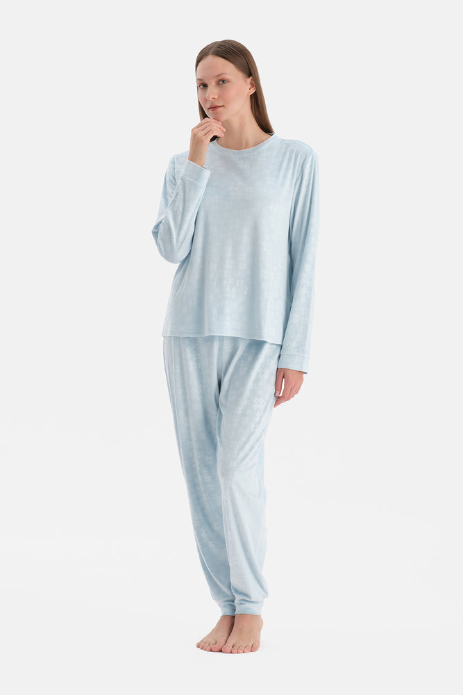 Turkuaz Gofre Kar Baskılı Tişört Pantolon Pijama Takımı