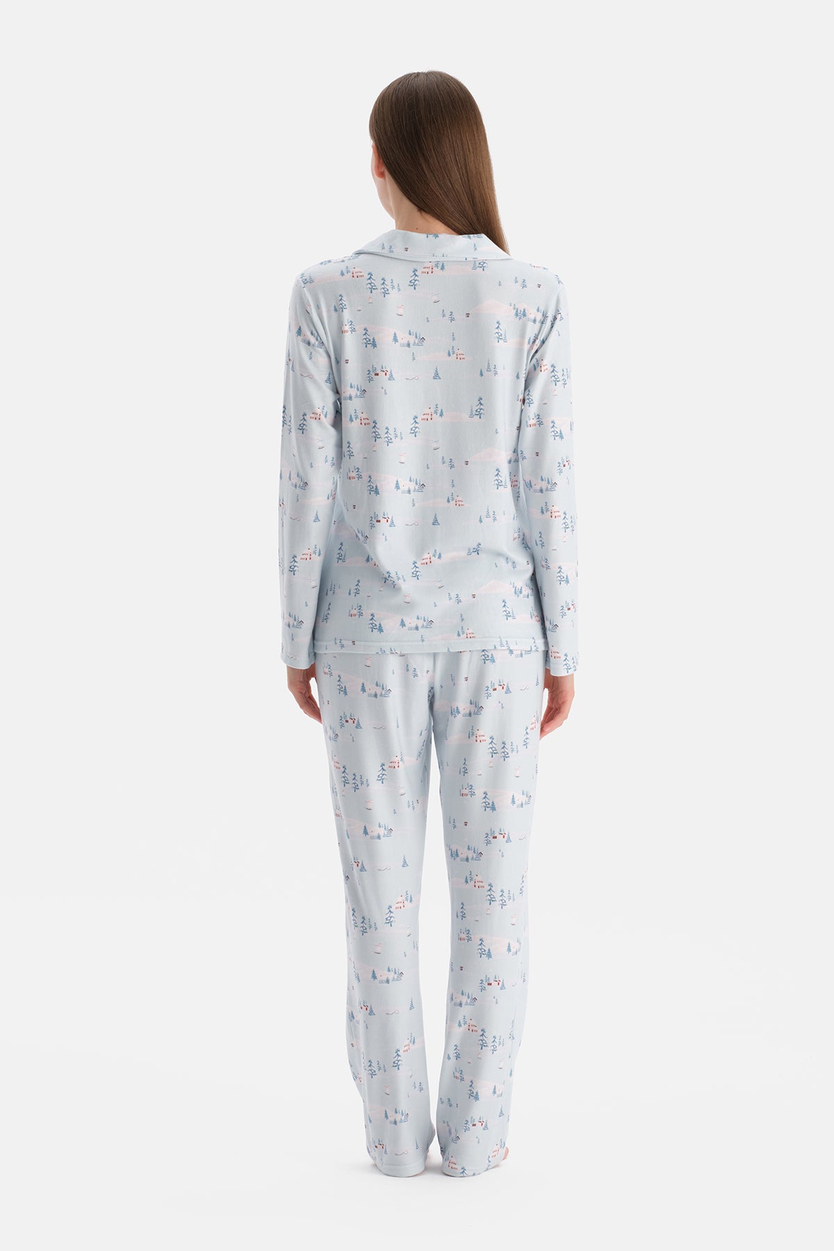 Açık Mavi Baskılı Termal Gömlek Pantolon Pijama Takımı