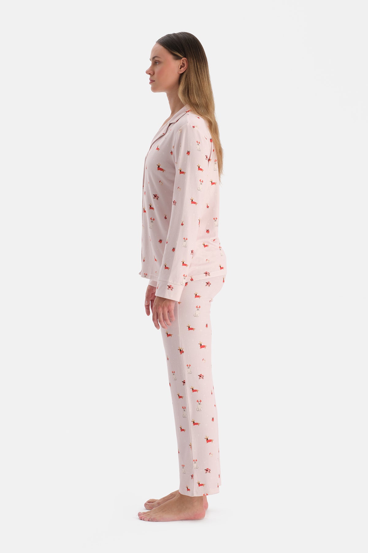 Açık Pembe Baskılı Termal Gömlek Pantolon Pijama Takımı