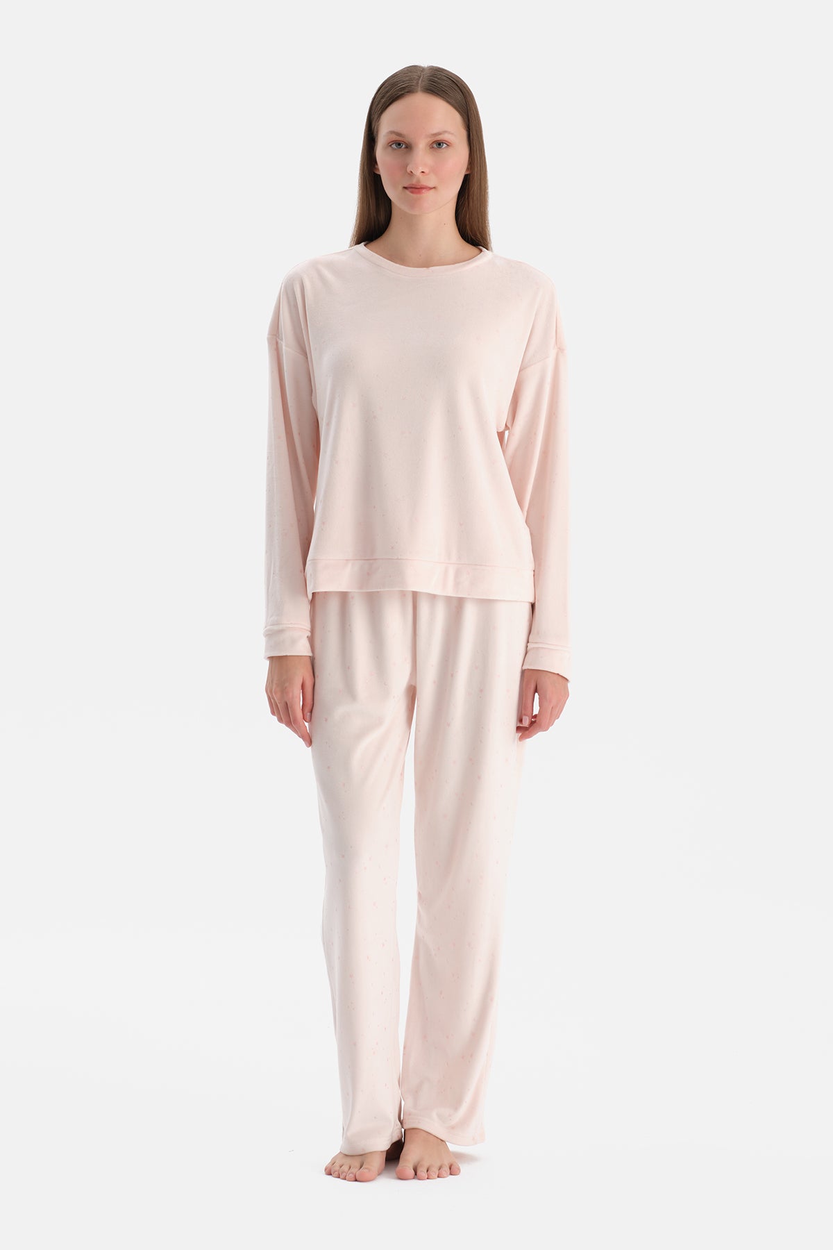 Ekru Parlak Yıldız Baskılı Kadife Tişört Pantolon Pijama Takımı