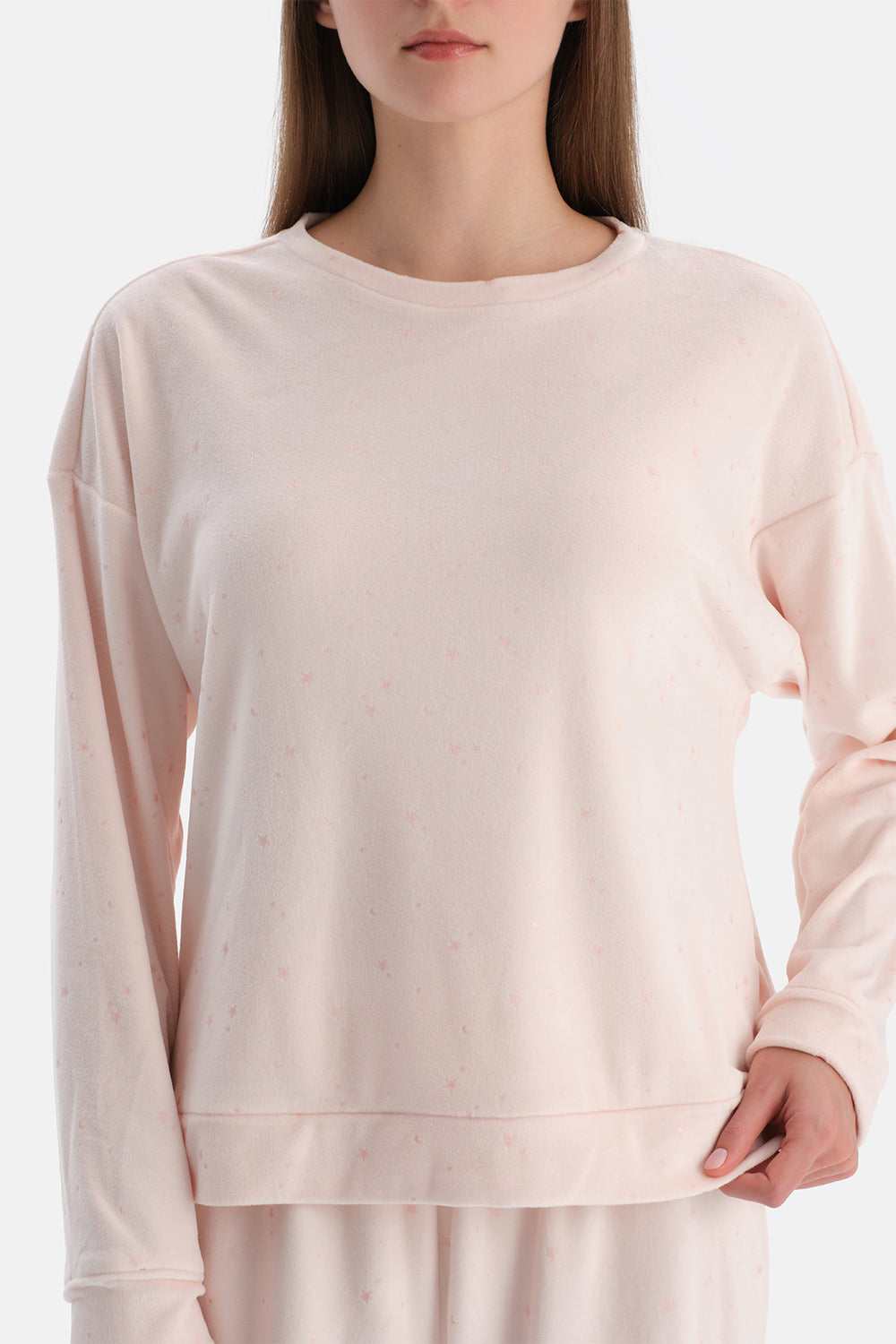 Ekru Parlak Yıldız Baskılı Kadife Tişört Pantolon Pijama Takımı