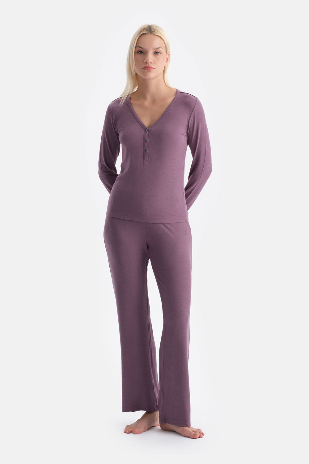 Mürdüm Uzun Kollu Kaşkore Tişört Pantolon Takım