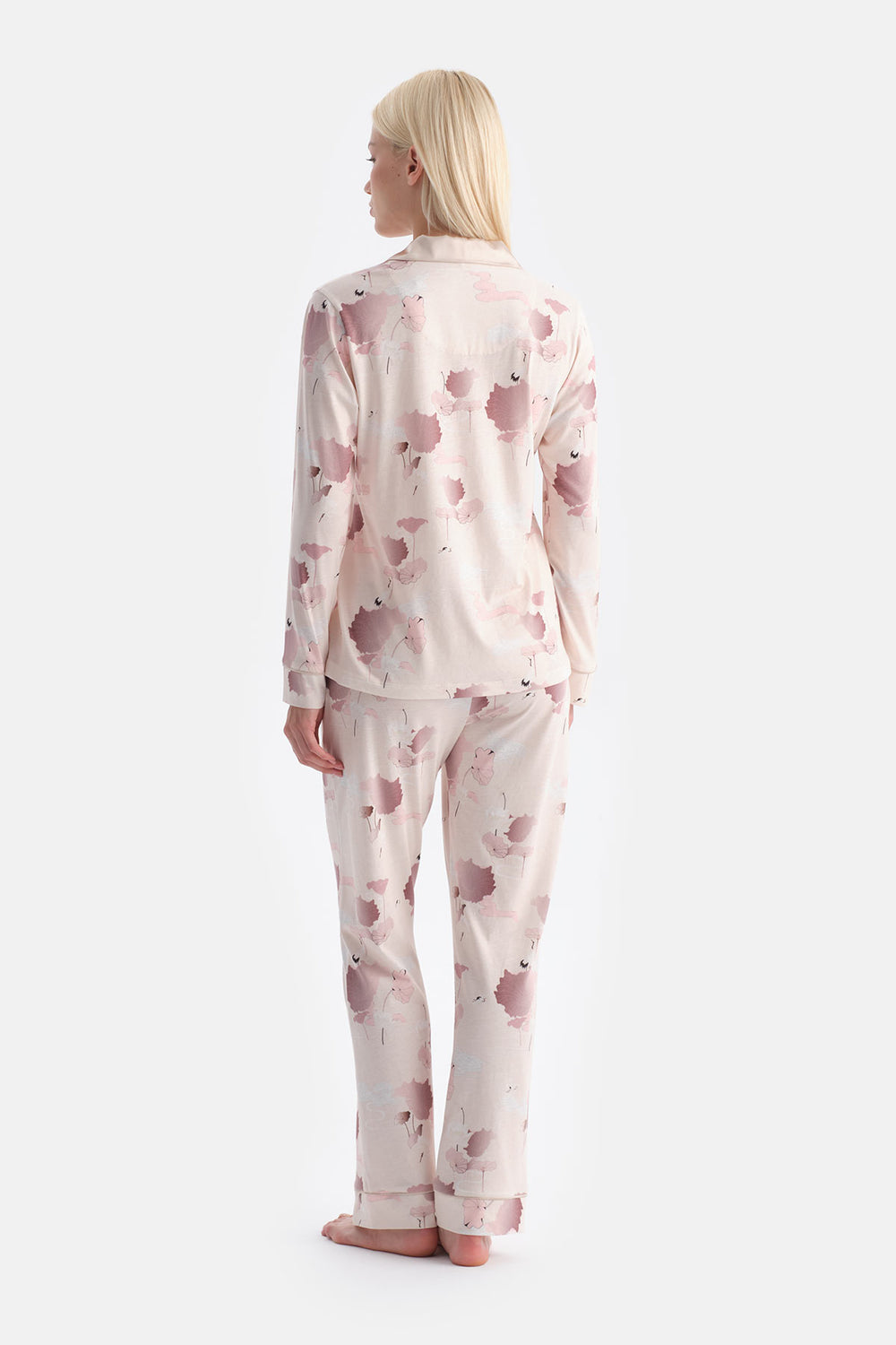 Somon Çiçek Desenli Gömlek Pantolon Takım