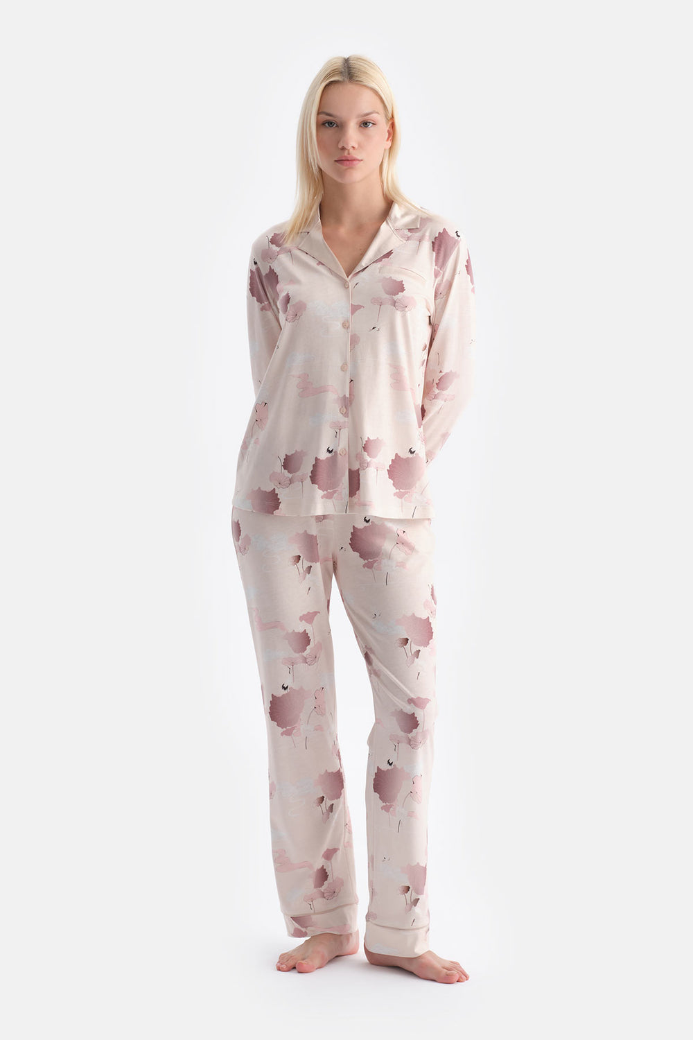 Somon Çiçek Desenli Gömlek Pantolon Takım