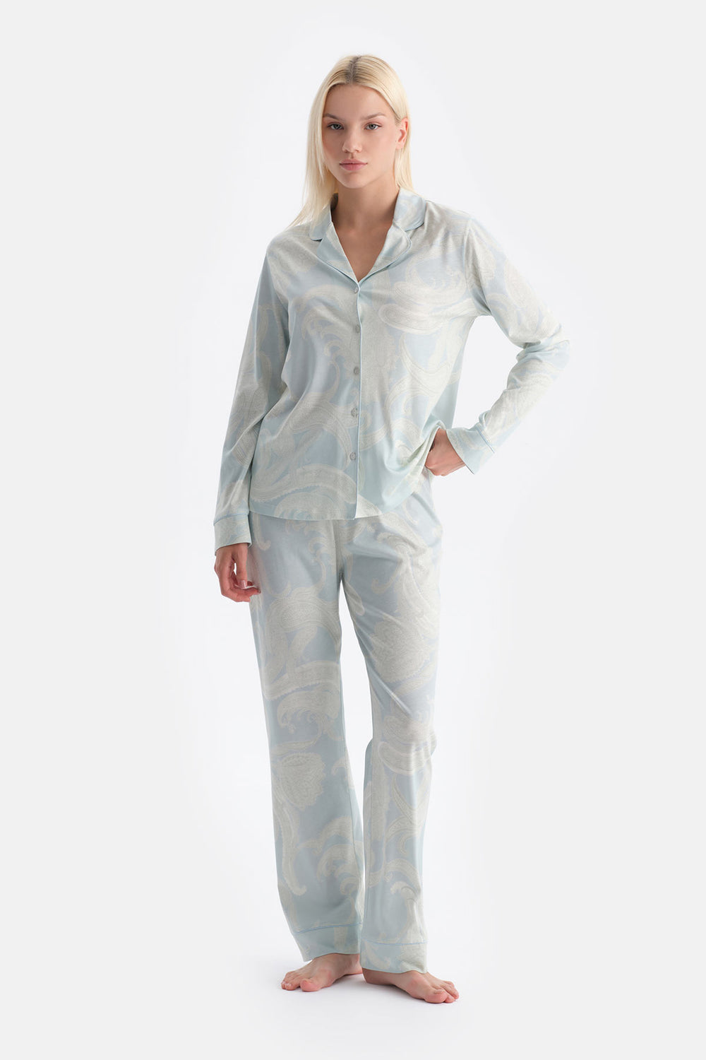 Su Yeşili Şal Desenli Gömlek Pantolon Takım