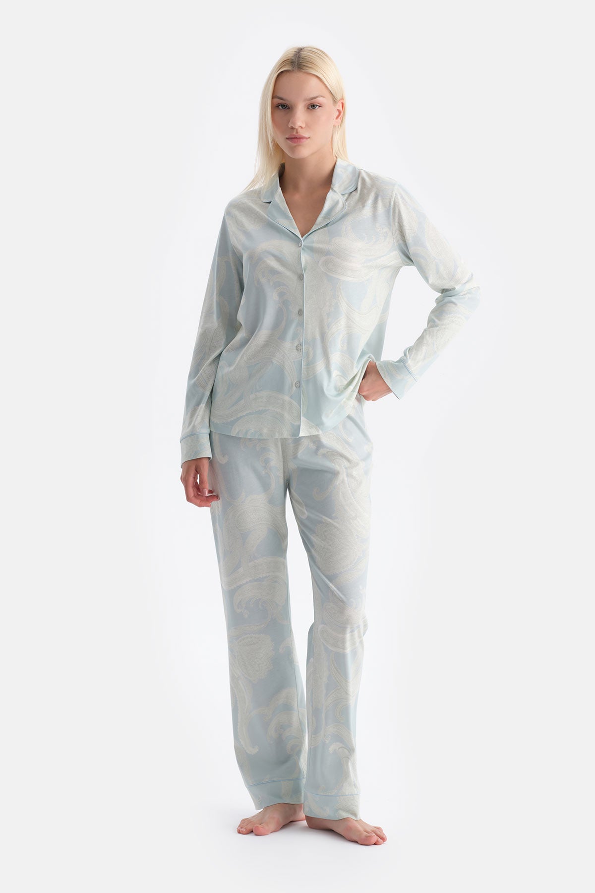 Su Yeşili Şal Desenli Gömlek Pantolon Takım