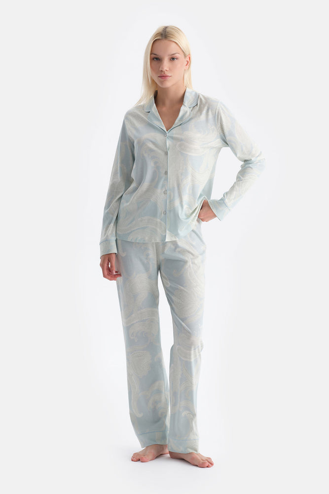 Su Yeşili Şal Desenli Gömlek Pantolon Takım