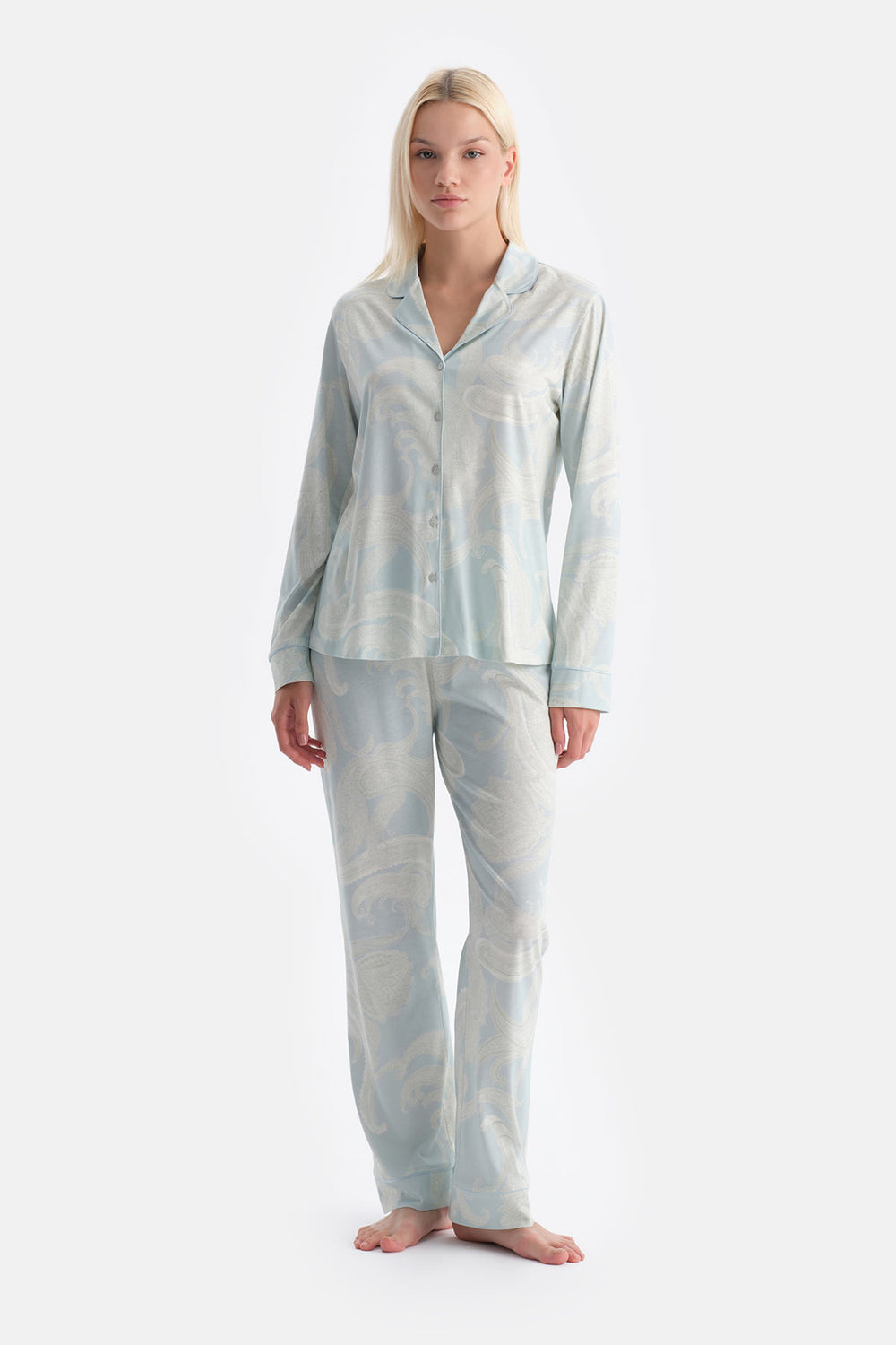 Su Yeşili Şal Desenli Gömlek Pantolon Takım