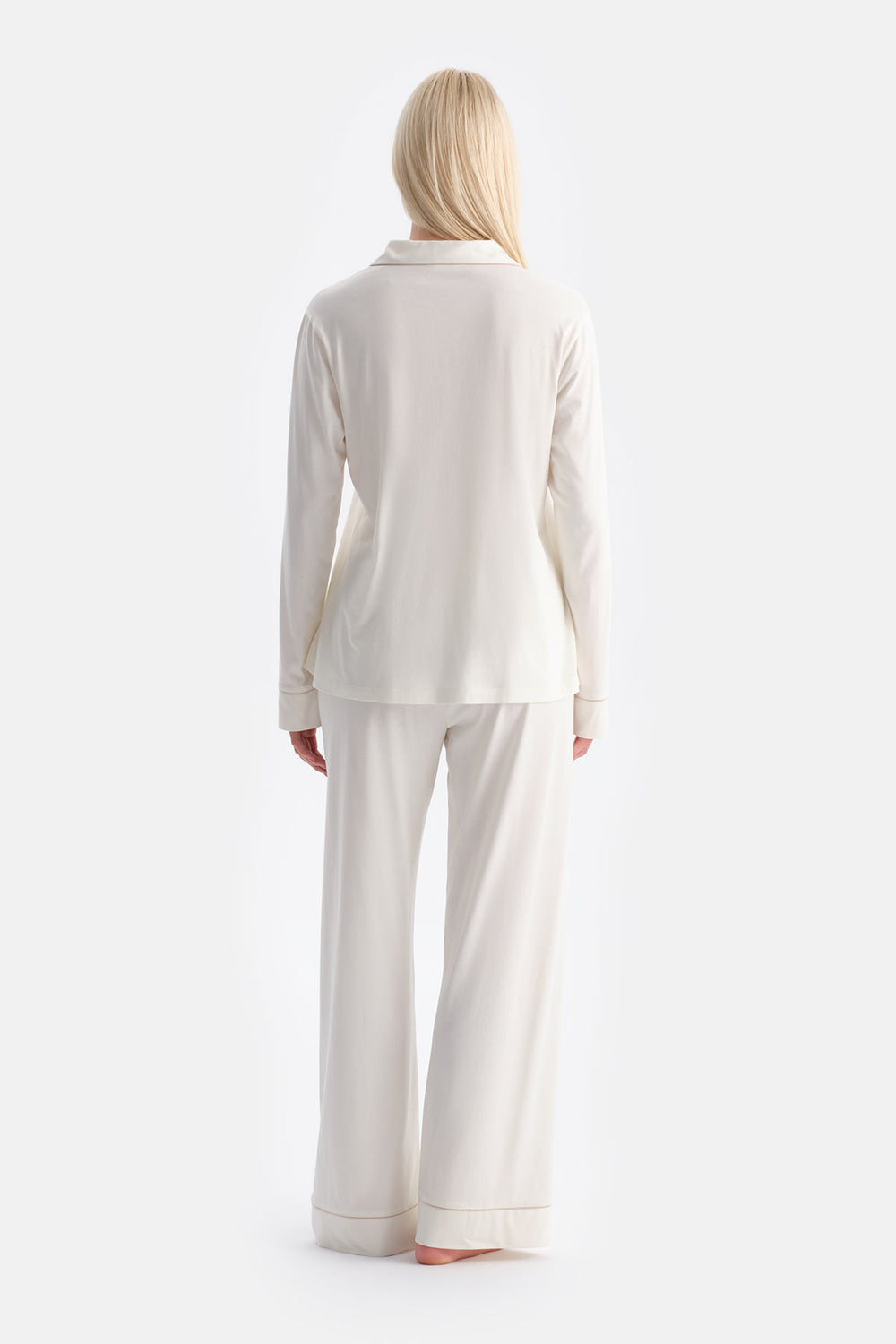 Ekru Saten Detaylı Gömlek Pantolon Takım