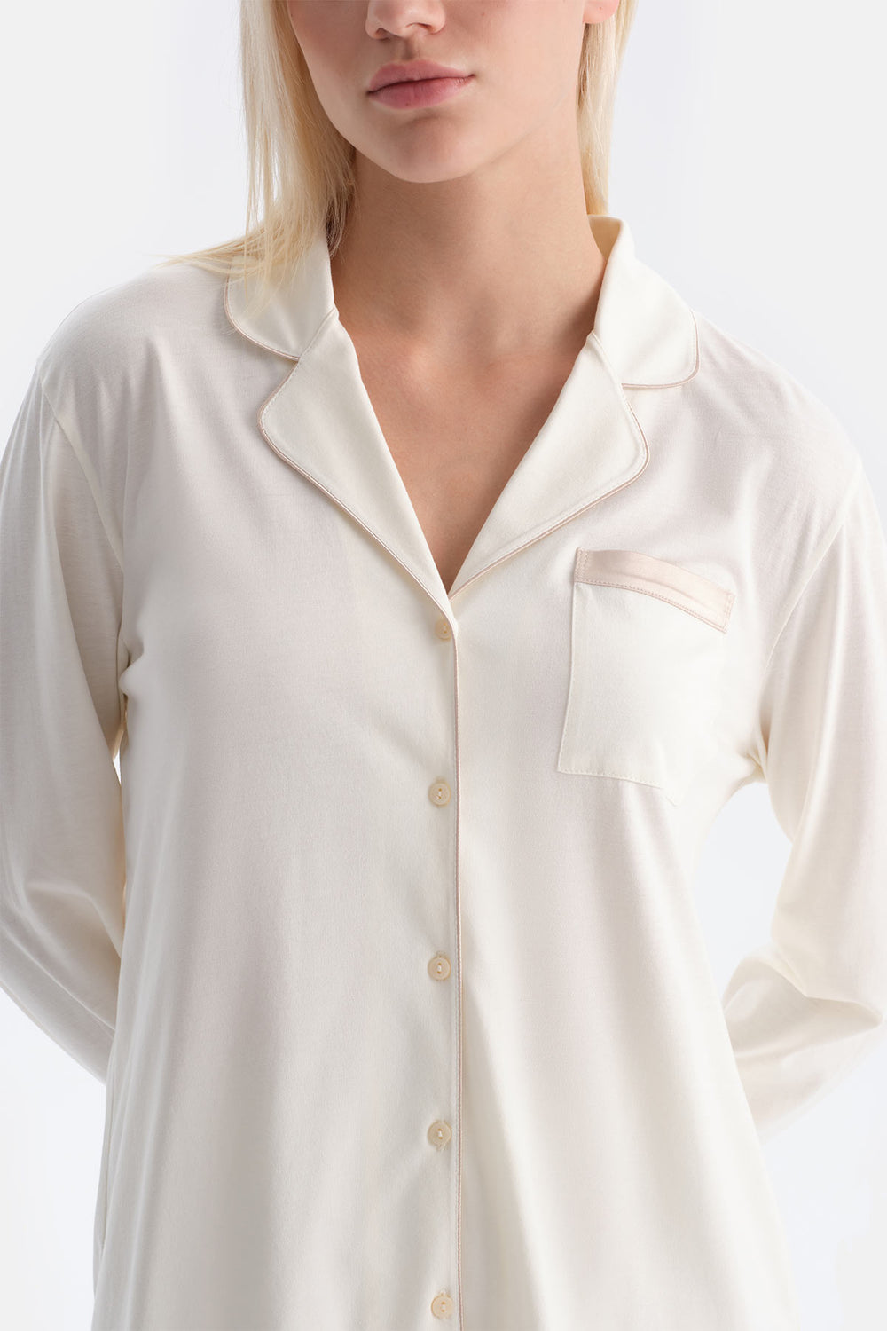 Ekru Saten Detaylı Gömlek Pantolon Takım