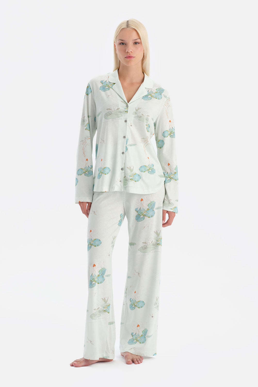 Su Yeşili Çiçek Desenli Gömlek Pantolon Takım