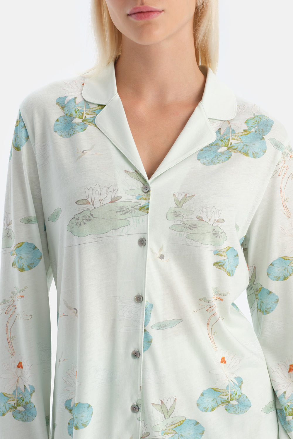 Su Yeşili Çiçek Desenli Gömlek Pantolon Takım