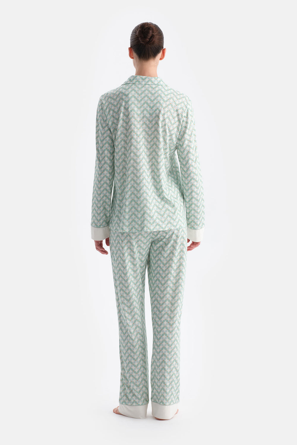 Su Yeşili Geometrik Desenli Gömlek Pantolon Takım