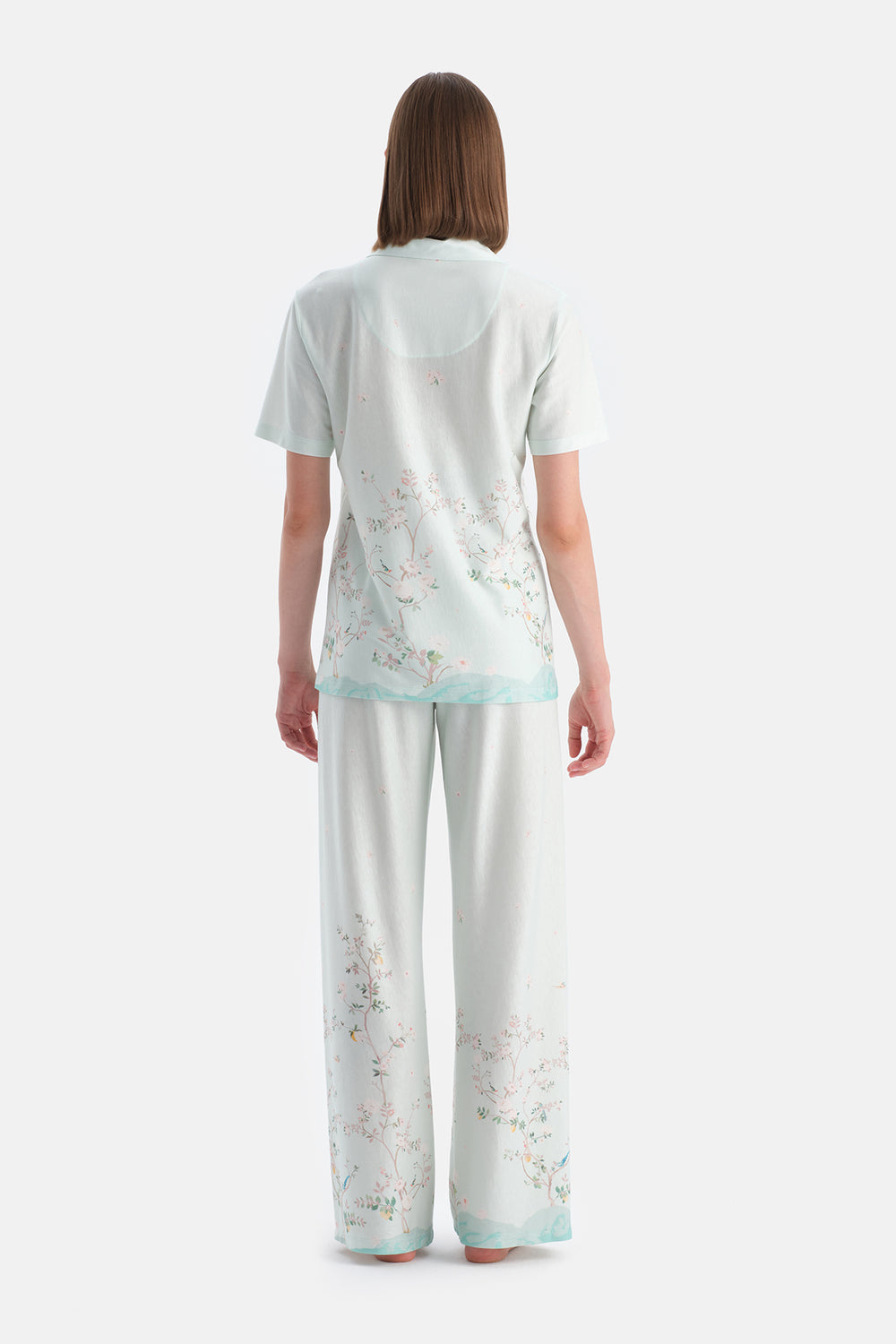 Açık Mavi Çiçek Desenli Gömlek Pantolon Takım