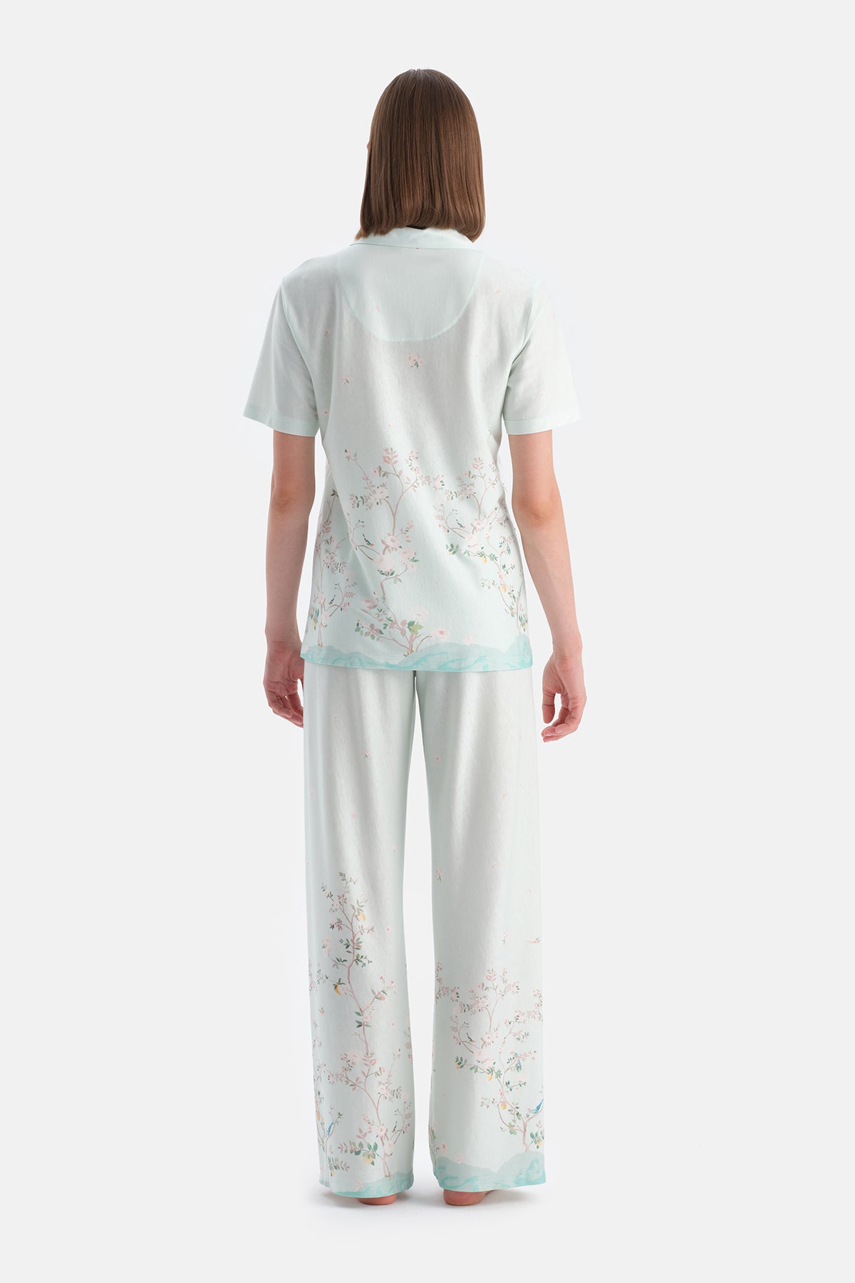 Açık Mavi Çiçek Desenli Gömlek Pantolon Takım