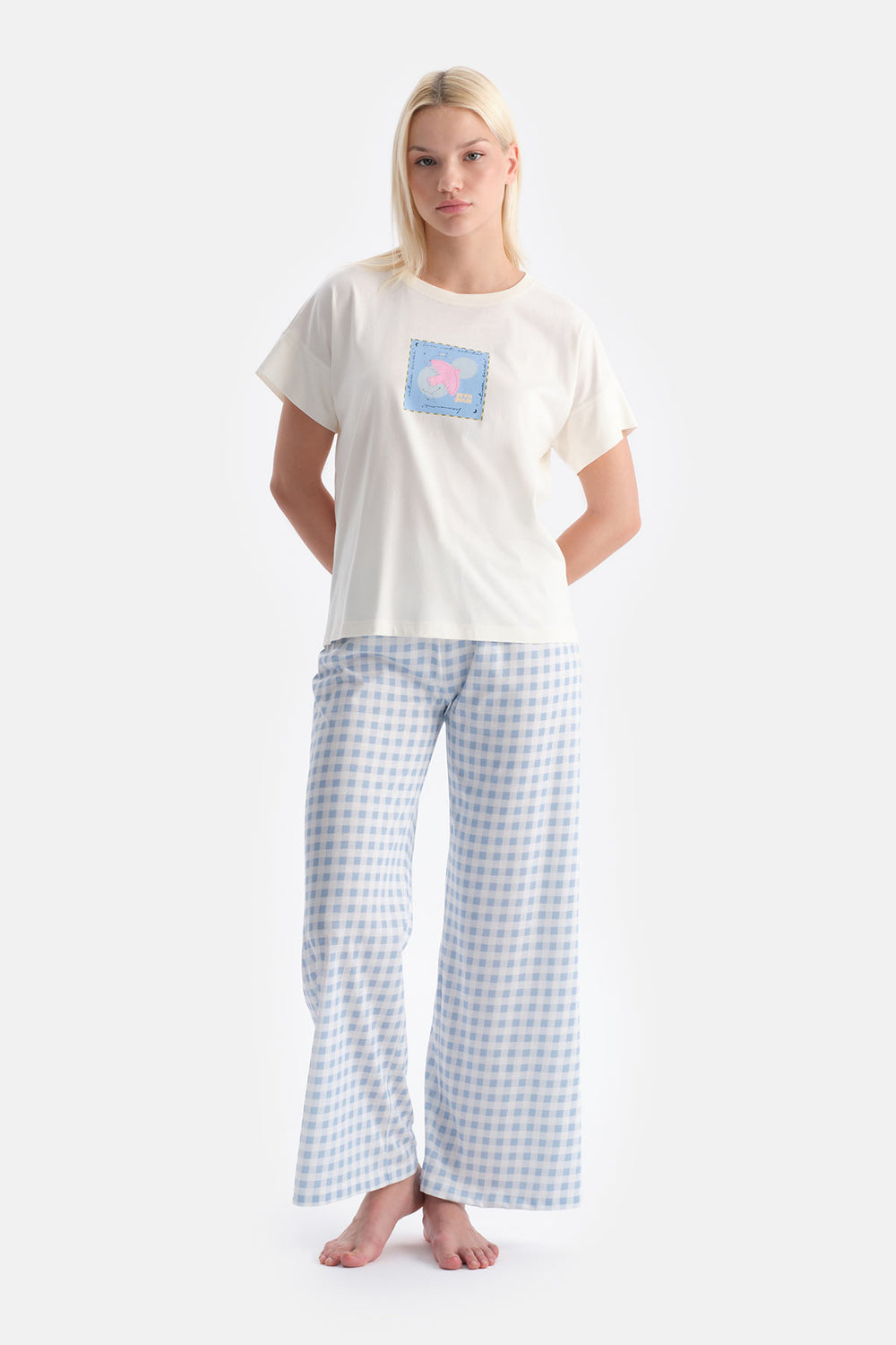 Ekru Kuş Baskılı Tişört Pantolon Takım