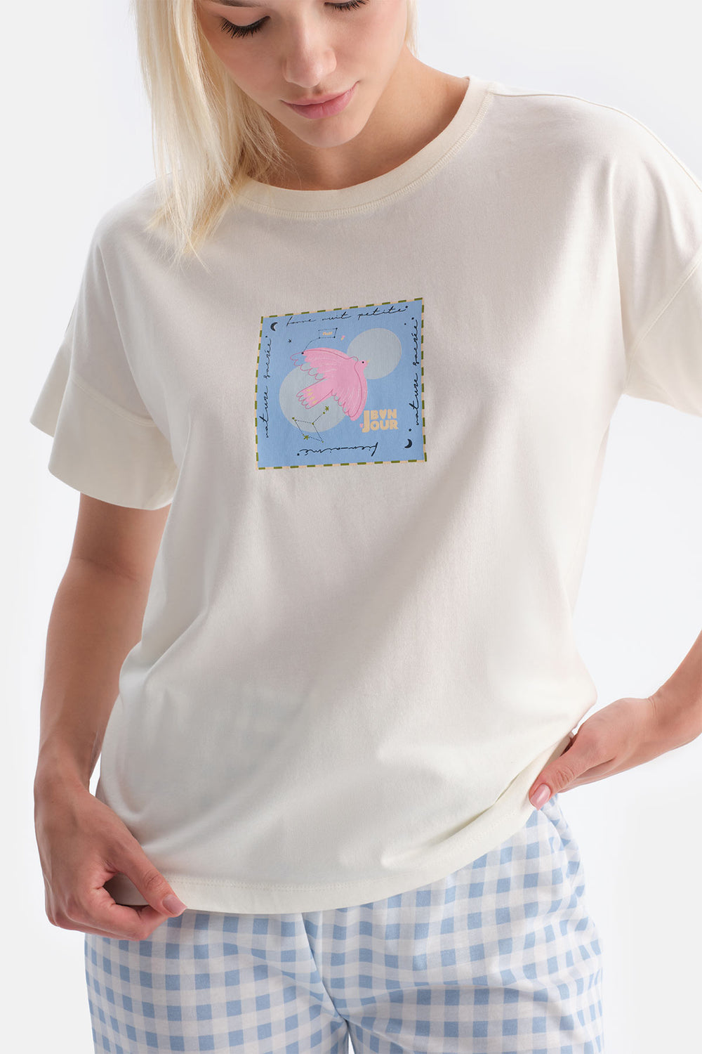 Ekru Kuş Baskılı Tişört Pantolon Takım