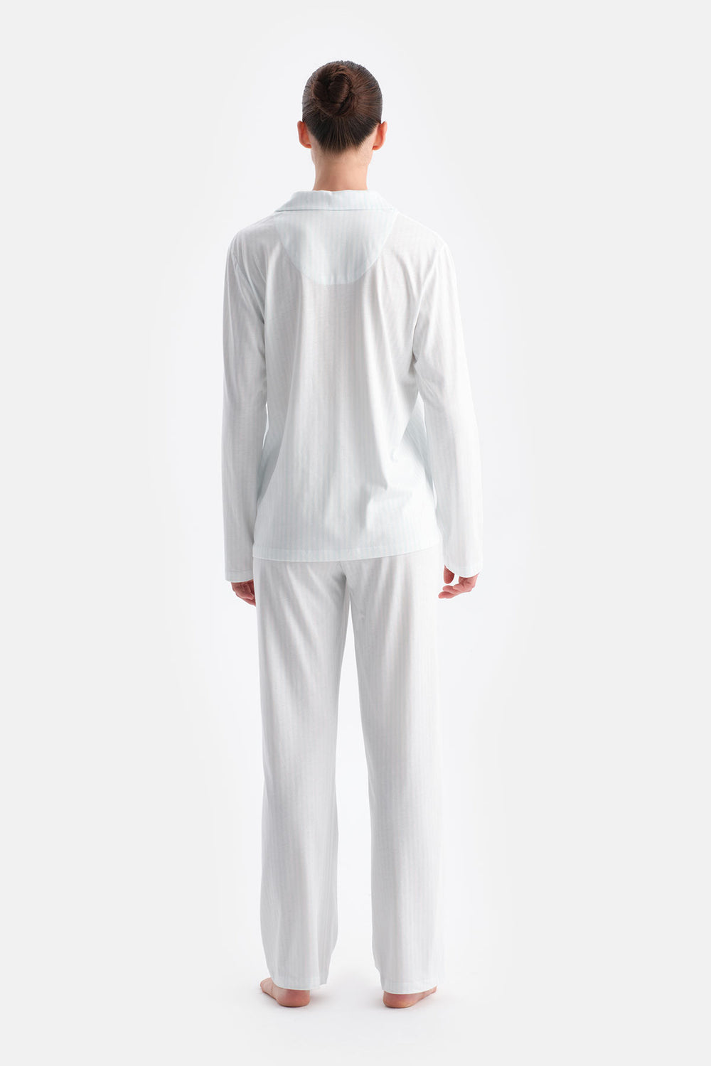 Su Yeşili Çizgili Gömlek Pantolon Takım