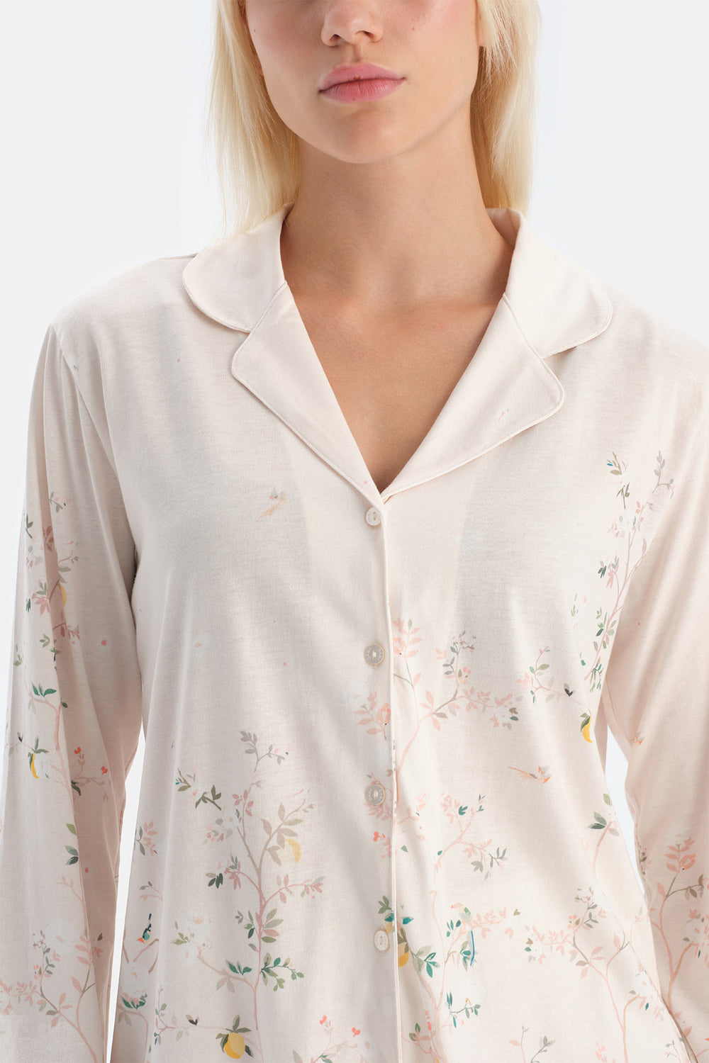 Ekru Çiçek Desenli Gömlek Pantolon Takım