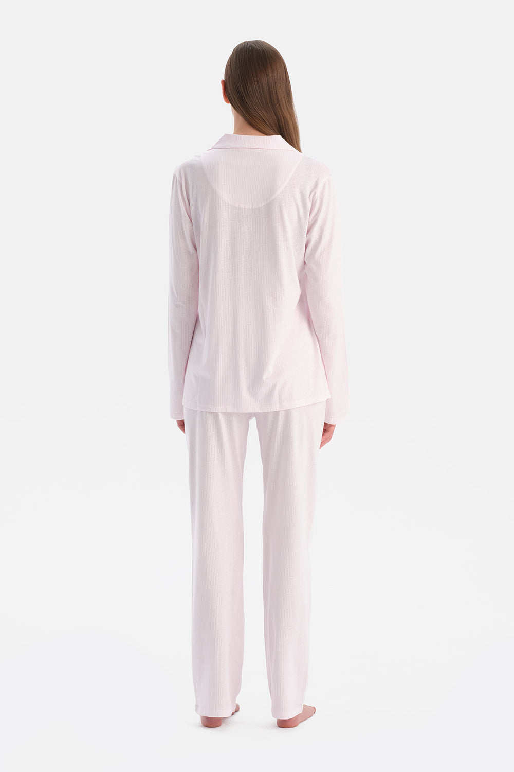 Açık Pembe Çizgili Gömlek Pantolon Takım