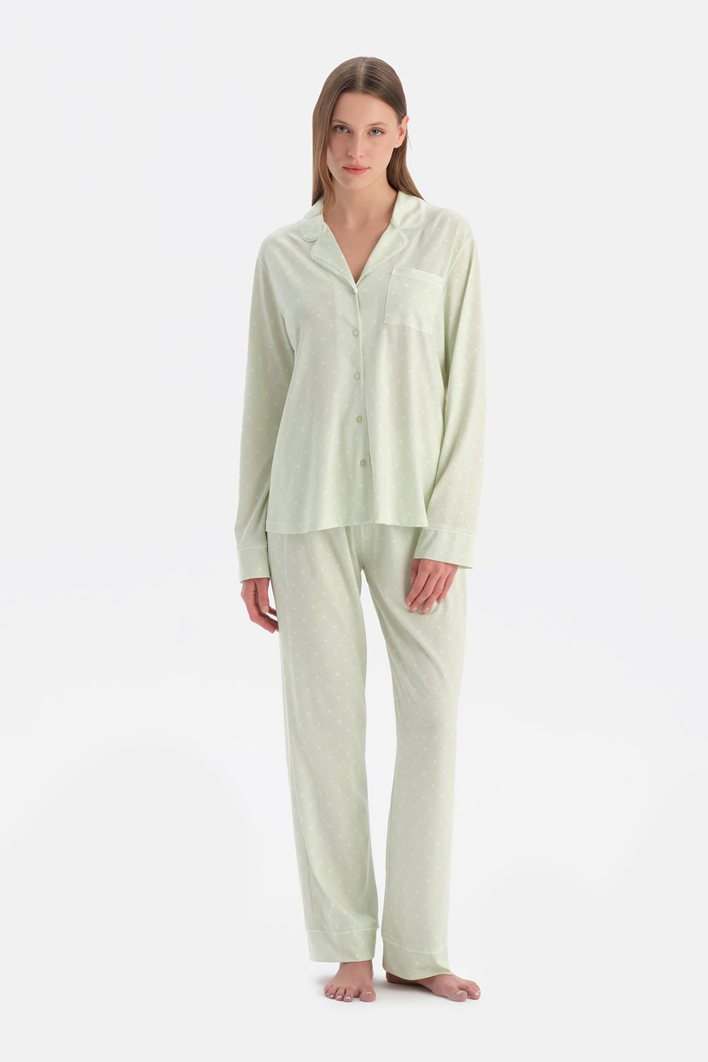 Açık Yeşil Kalp Desenli Gömlek Pantolon Takım