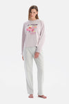 Açık Lila Baskılı Uzun Kollu Tişört Pantolon Takım