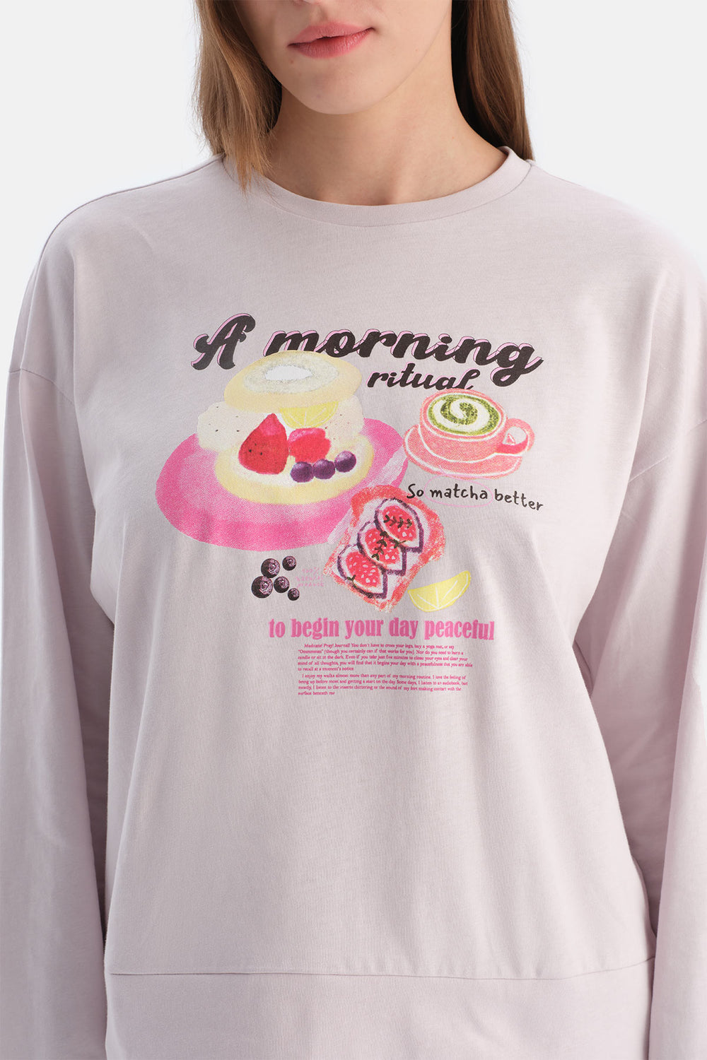 Açık Lila Baskılı Uzun Kollu Tişört Pantolon Takım