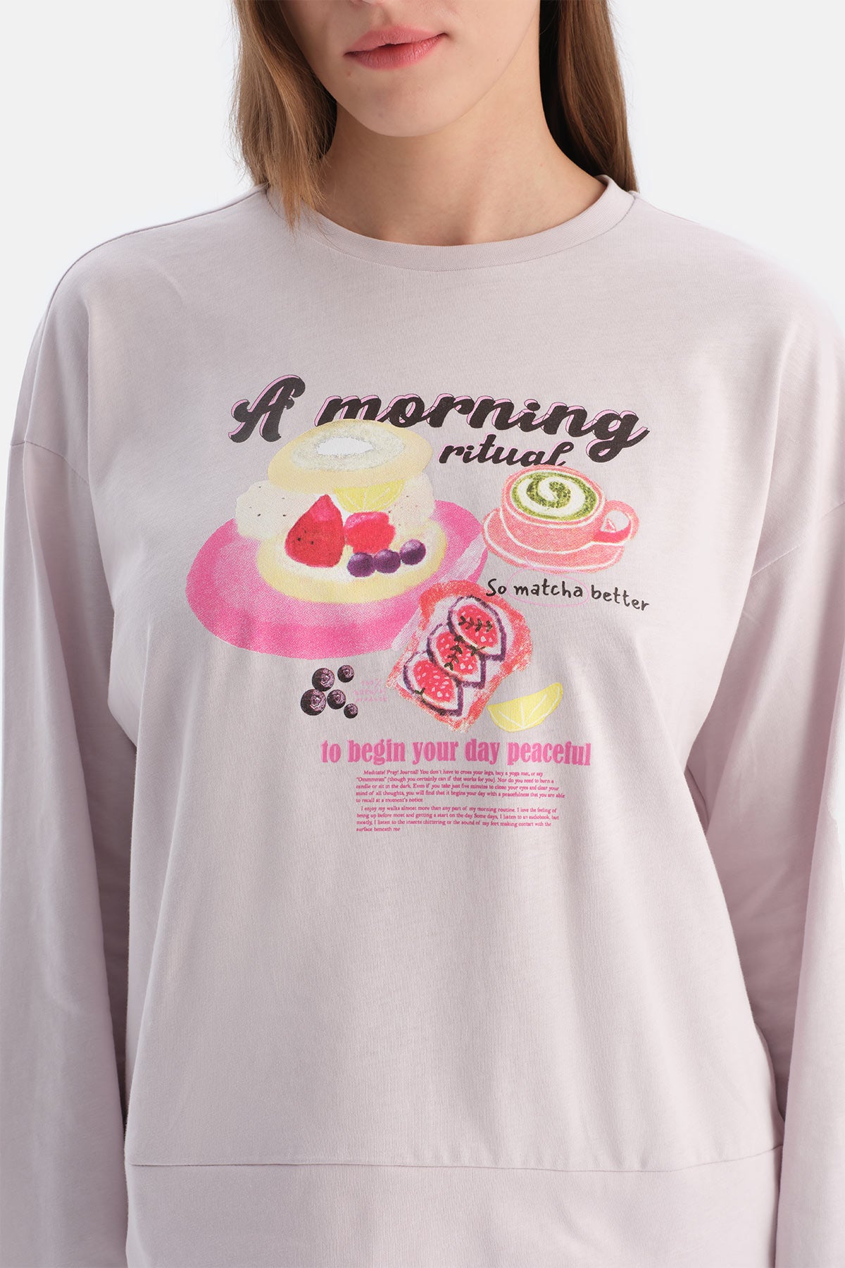 Açık Lila Baskılı Uzun Kollu Tişört Pantolon Takım