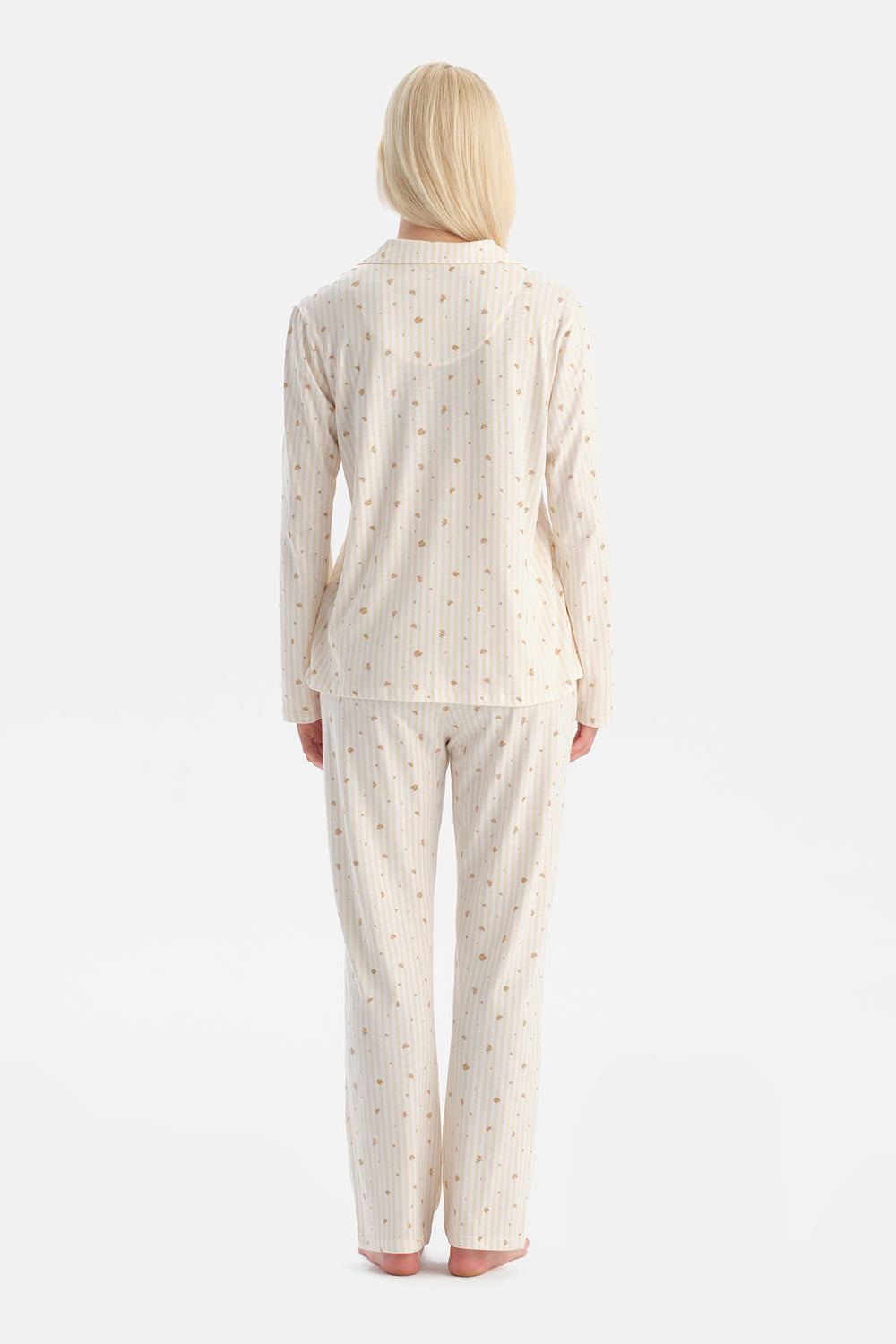 Ekru Çiçek Desenli Gömlek Pantolon Takım