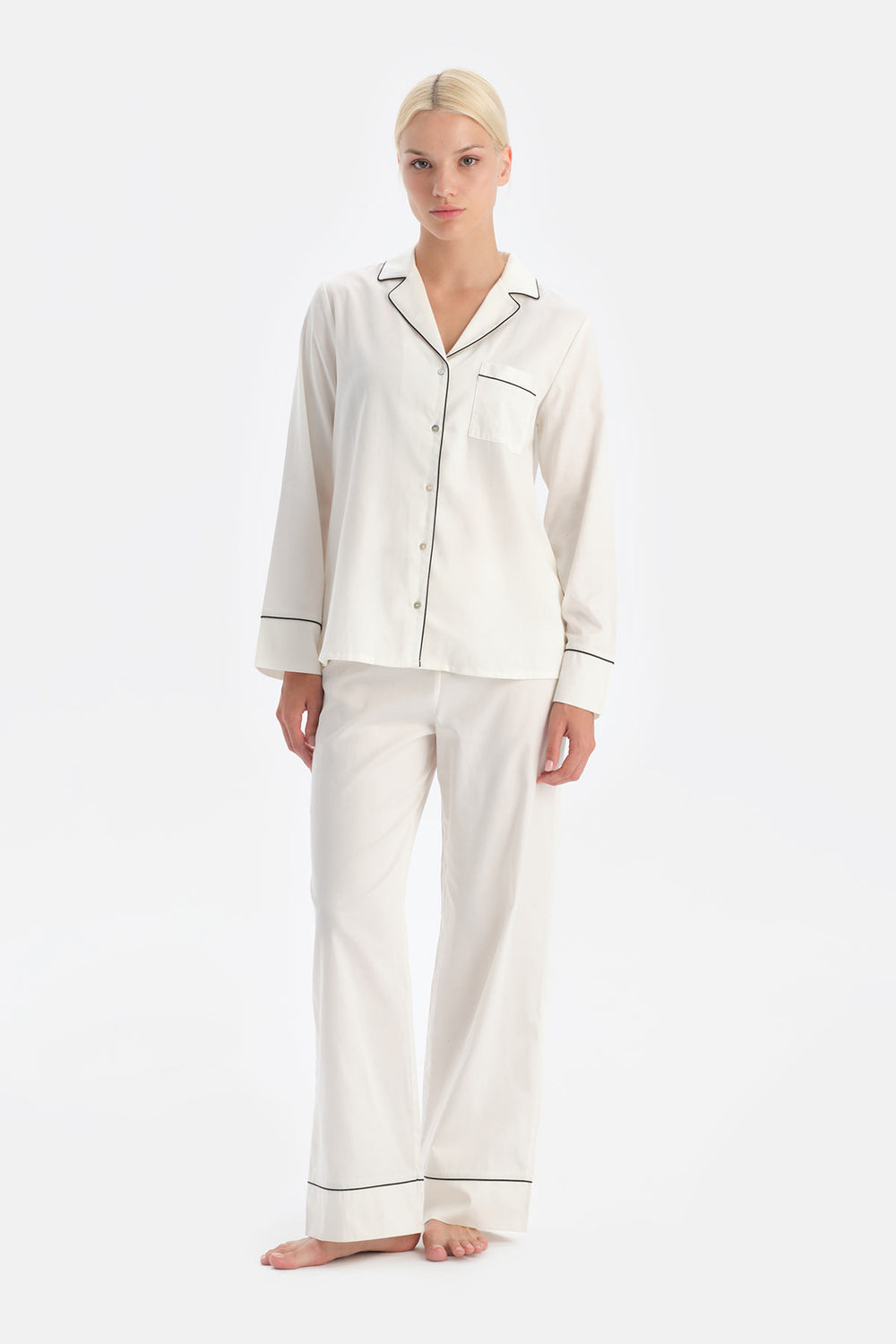 Ekru Travel Biye Detaylı Pamuk Saten Gömlek Pantolon Pijama Seti