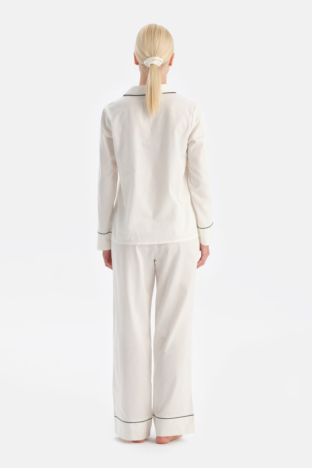 Ekru Travel Biye Detaylı Pamuk Saten Gömlek Pantolon Pijama Seti