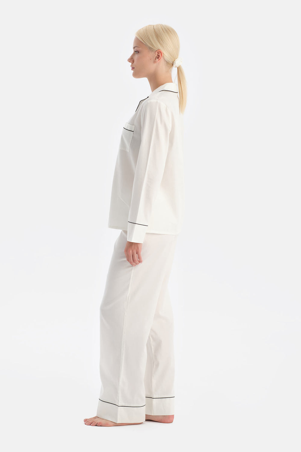 Ekru Travel Biye Detaylı Pamuk Saten Gömlek Pantolon Pijama Seti