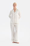 Ekru Travel Biye Detaylı Pamuk Saten Gömlek Pantolon Pijama Seti