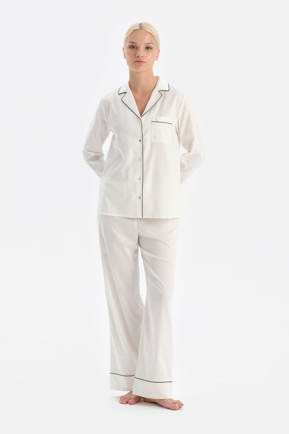 Ekru Travel Biye Detaylı Pamuk Saten Gömlek Pantolon Pijama Seti