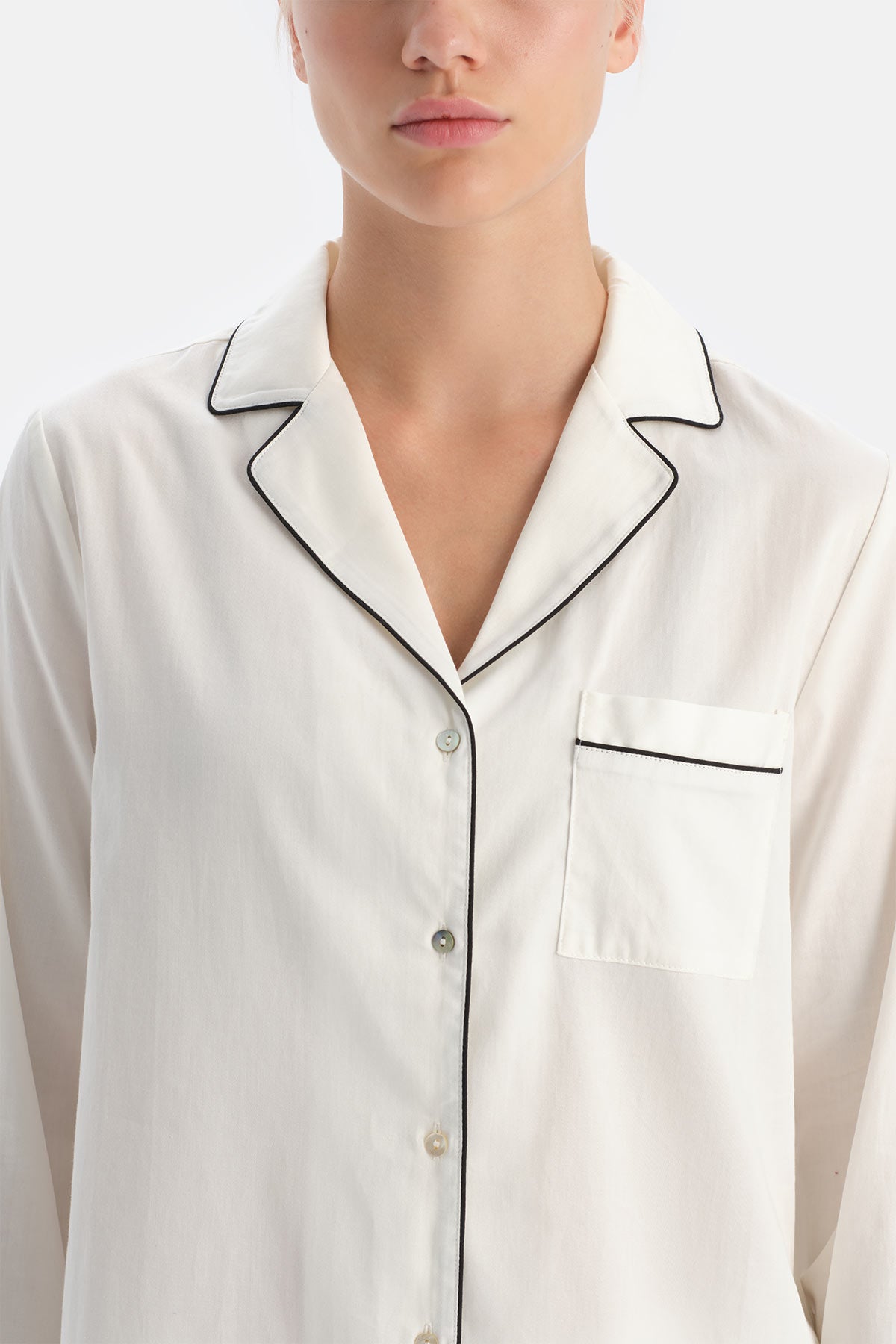 Ekru Travel Biye Detaylı Pamuk Saten Gömlek Pantolon Pijama Seti