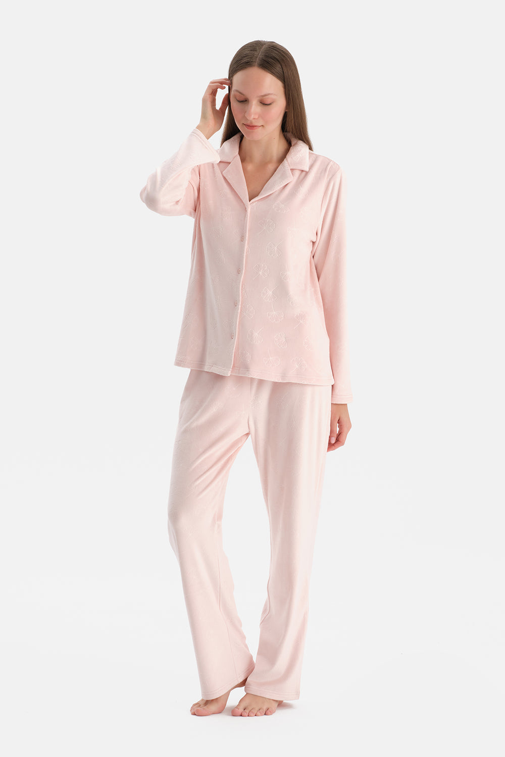 Somon Gofre Çiçek Baskılı Gömlek Pantolon Takım