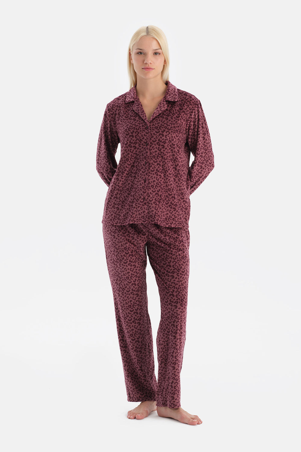 Bordo Leoparlı Kadife Gömlek Pantolon Takım