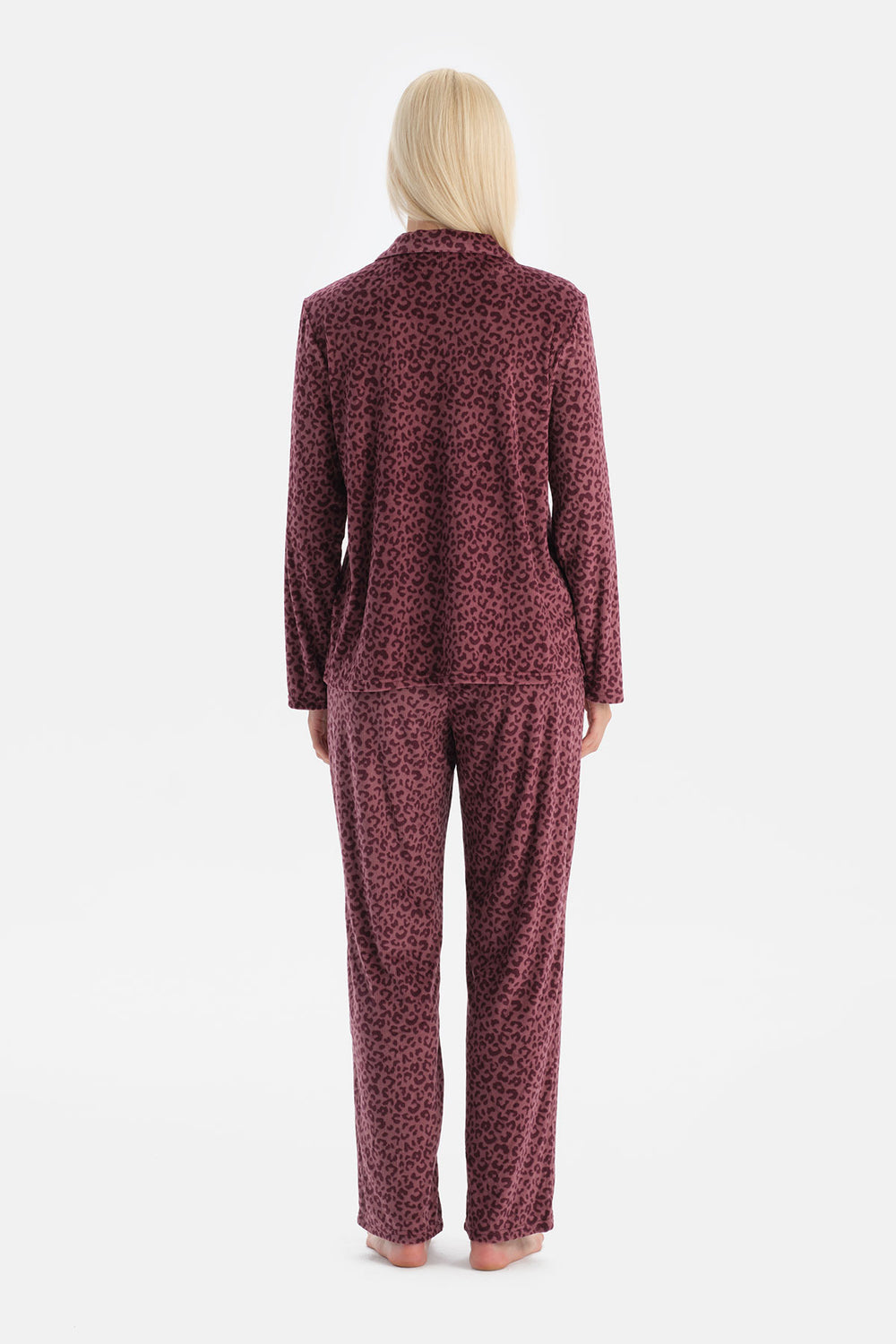 Bordo Leoparlı Kadife Gömlek Pantolon Takım