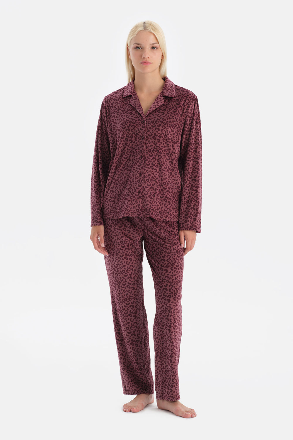 Bordo Leoparlı Kadife Gömlek Pantolon Takım