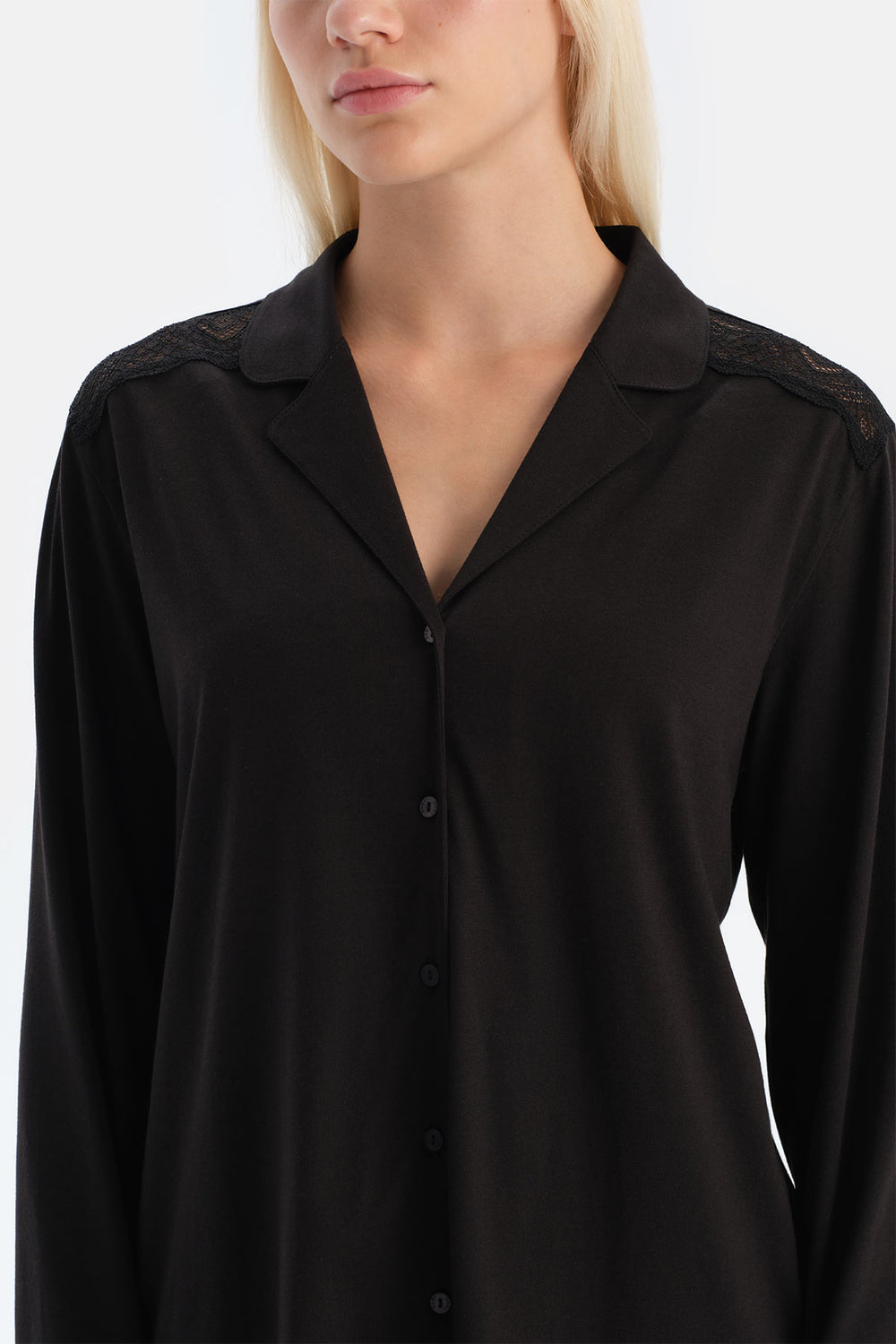 Siyah Dantel Detaylı Gömlek Pantolon Takım