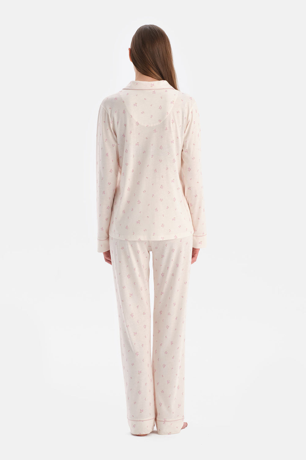 Ekru Çiçek Desenli Gömlek Pantolon Takım