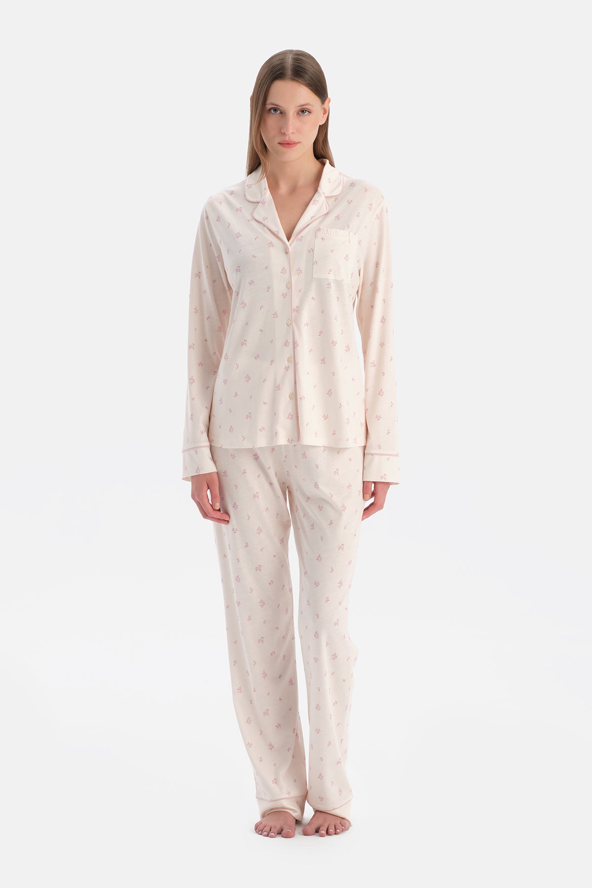 Ekru Çiçek Desenli Gömlek Pantolon Takım