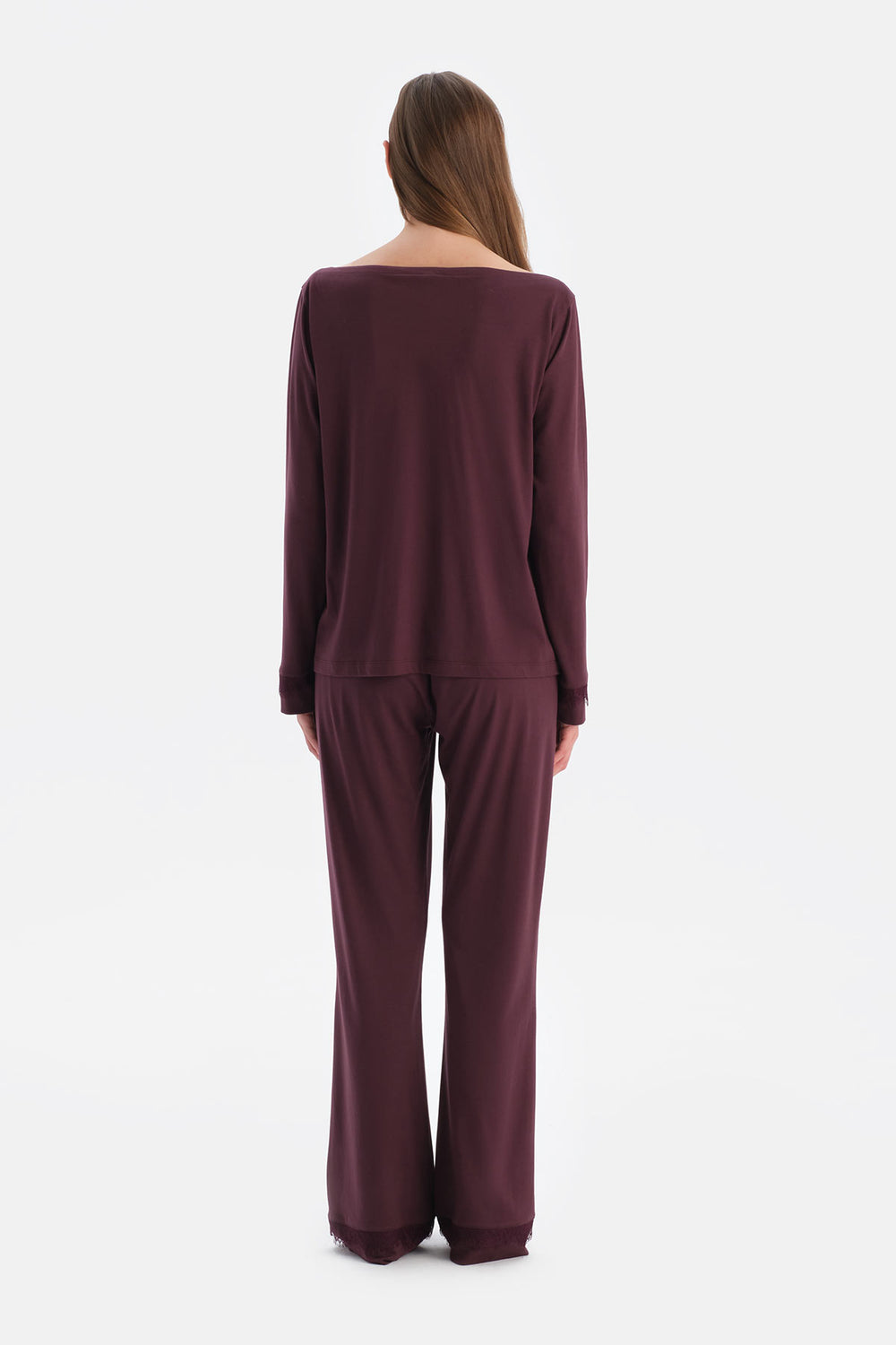 Mürdüm Dantel Detaylı Kayık Yaka Tişört Pantolon Takım