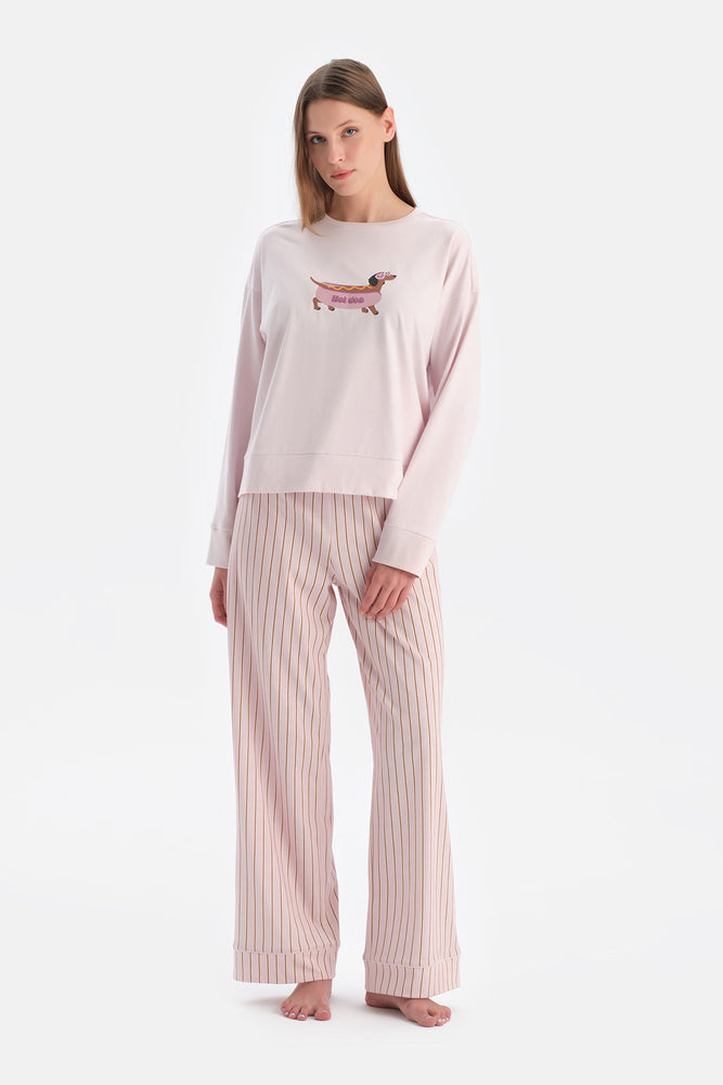 Açık Lila Köpek Baskılı Tişört Pantolon Takım