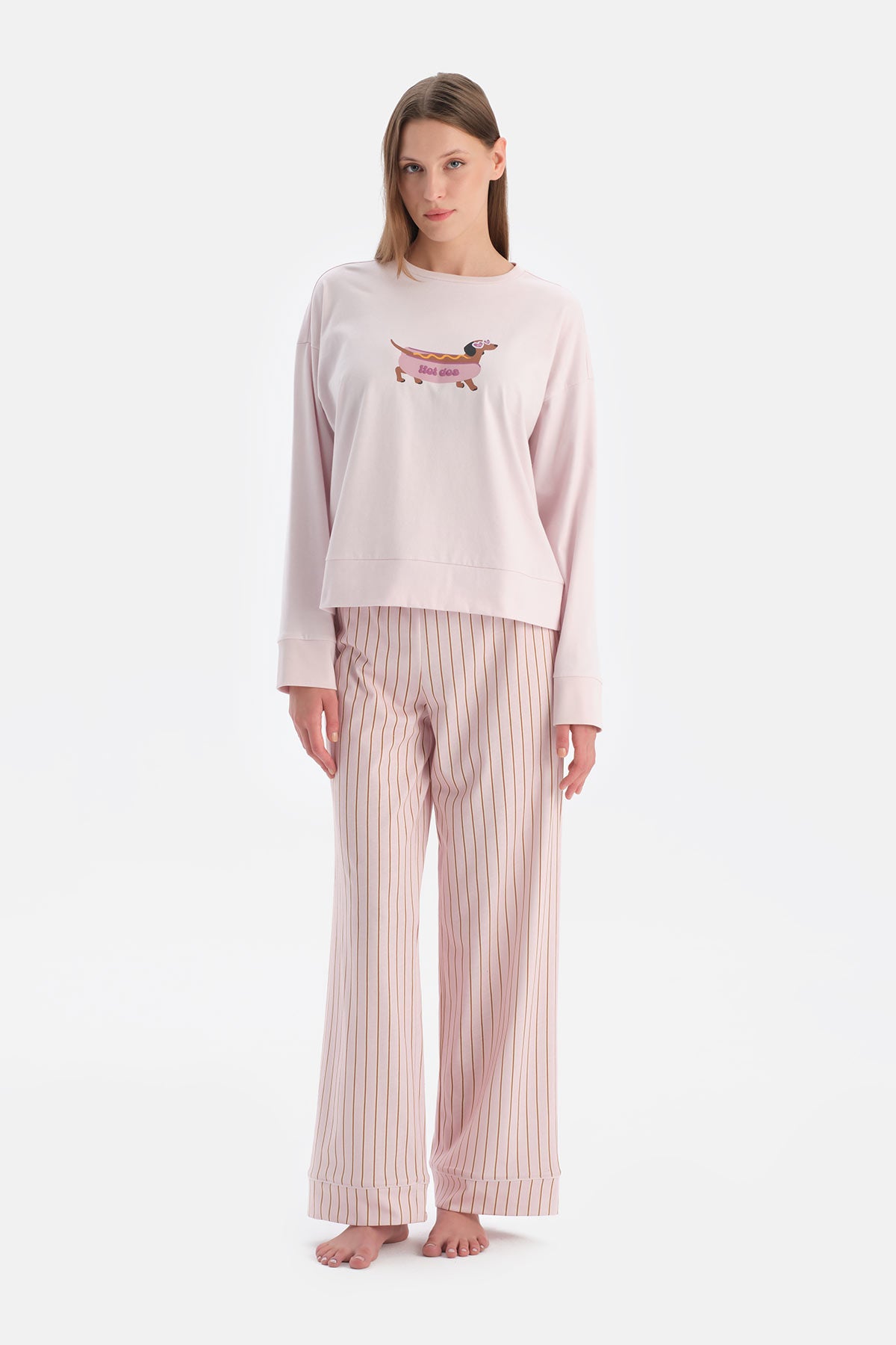 Açık Lila Köpek Baskılı Tişört Pantolon Takım