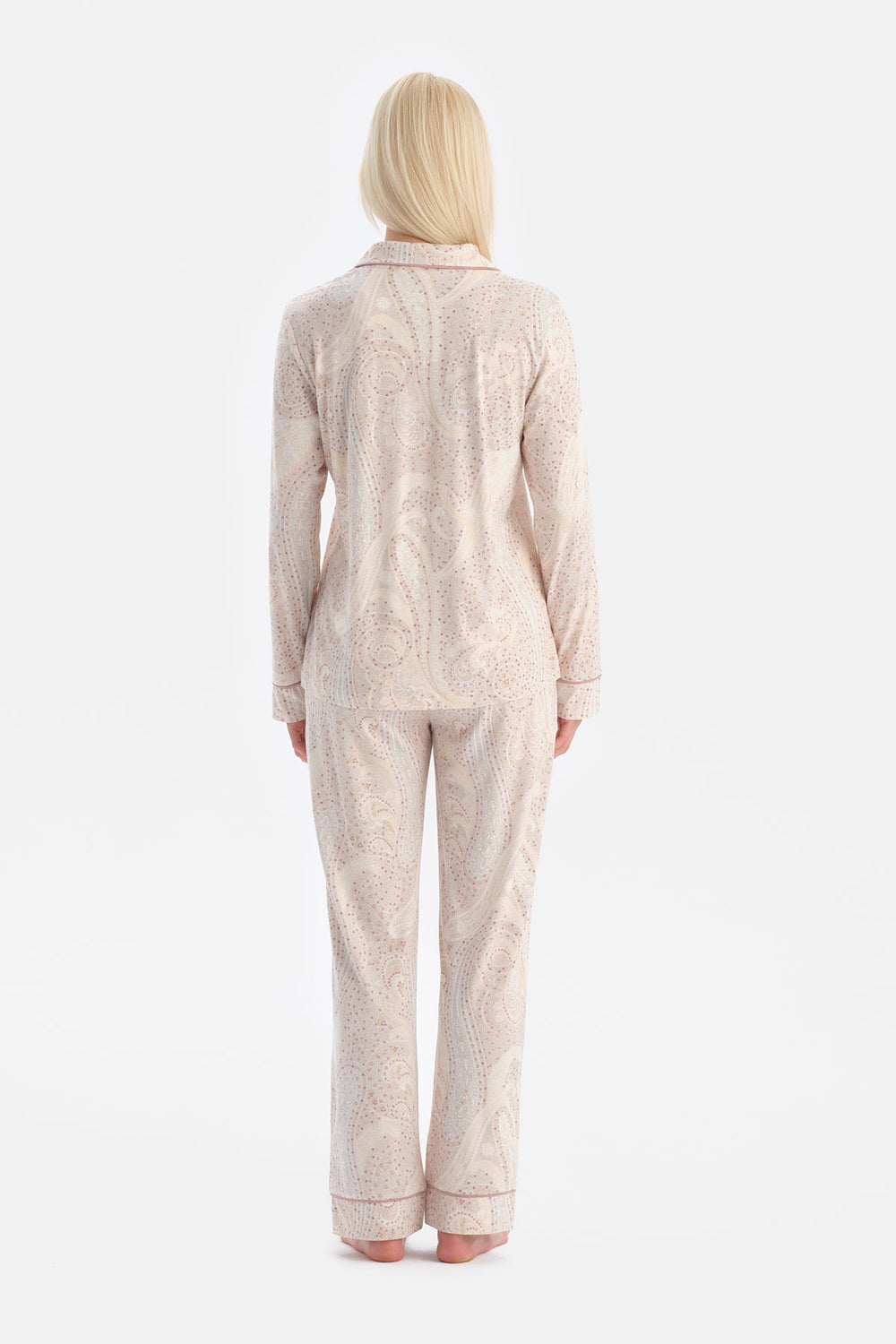 Açık Pembe Şal Desenli Gömlek Pantolon Takım