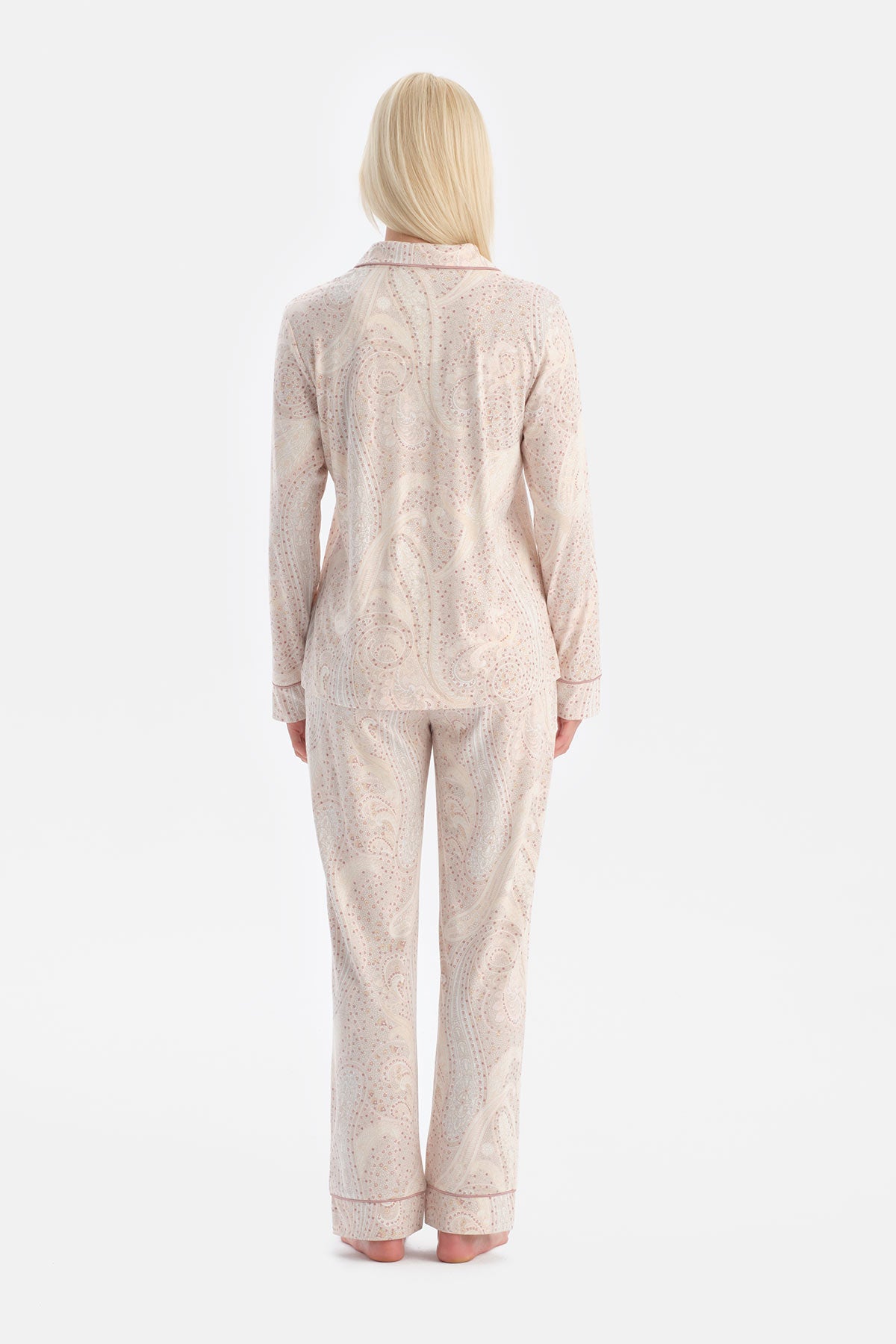 Açık Pembe Şal Desenli Gömlek Pantolon Takım