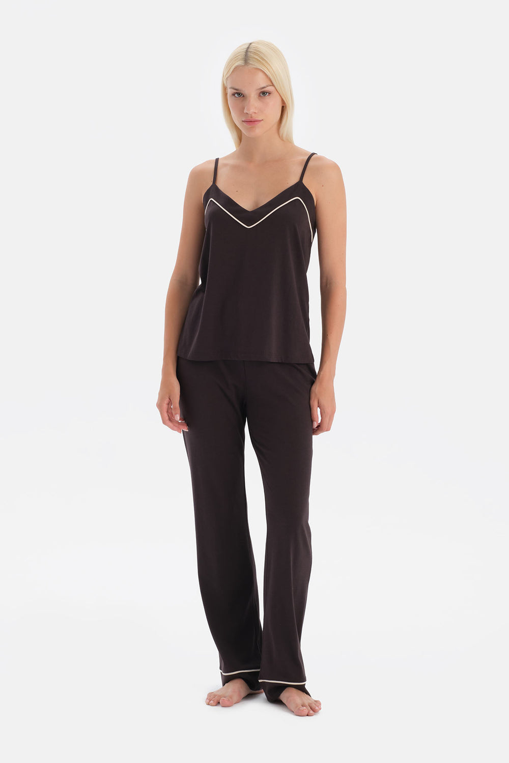 Koyu Kahve Biye Detaylı Atlet Pantolon Takım