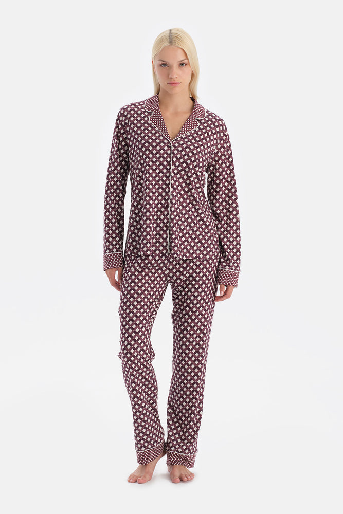 Mürdüm Geometrik Desenli Gömlek Pantolon Takım